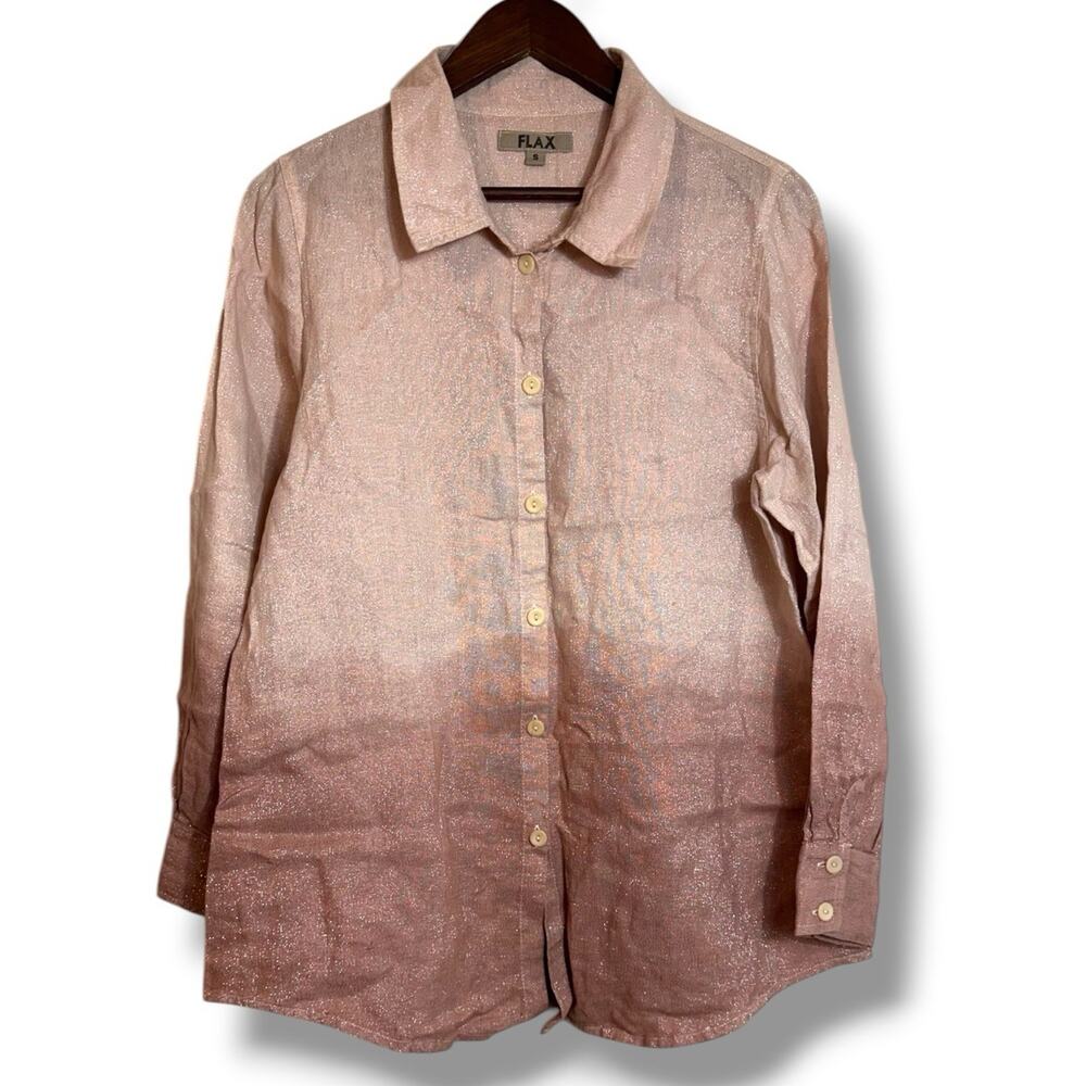 FLAX Pink Glitter Ombré Button Front Linen Tunic Blouse Small Oversized